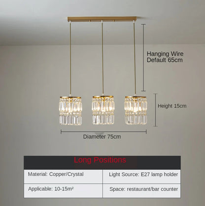 Nordic Copper LED Pendant Light Luxury Crystal Ceiling Lamps Modern Chandelier Lustre Dining Table Bar Kitchen Island Fixtures