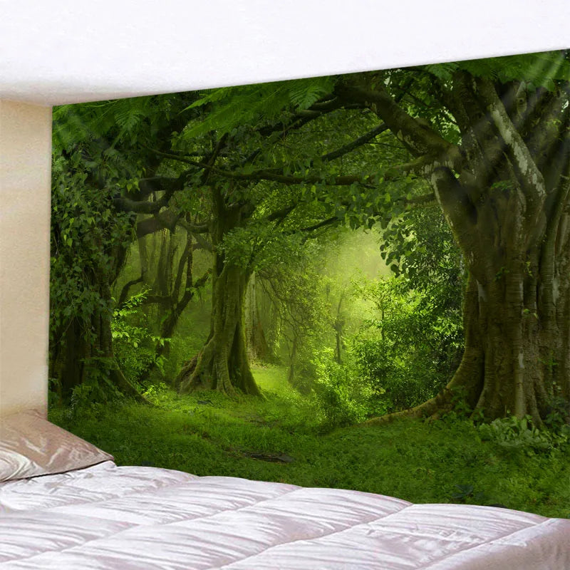 Green jungle tapestry beautiful natural forest large wall hanging hippie bohemian mandala wall art home decoration 8 sizes