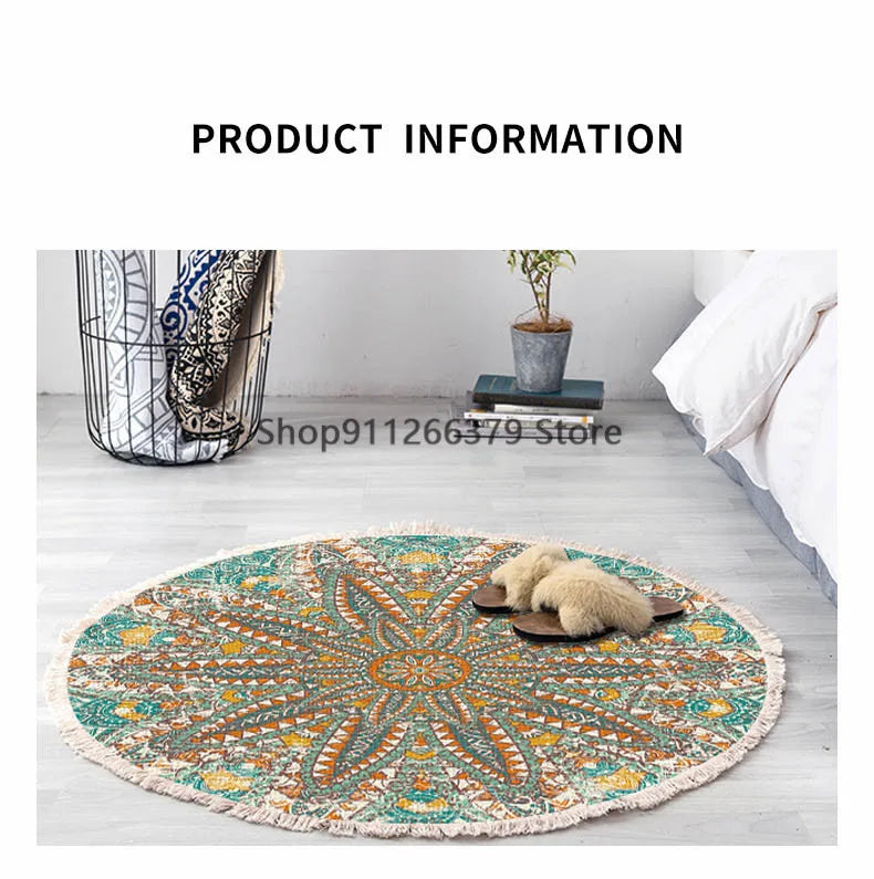 Vintage Round Carpet for Living Room Hand Woven Bedroom Rugs Cotton Linen Tassel Anti Slip Prayer Floor Mat Boho Mandala Carpet