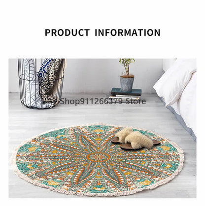 Vintage Round Carpet for Living Room Hand Woven Bedroom Rugs Cotton Linen Tassel Anti Slip Prayer Floor Mat Boho Mandala Carpet