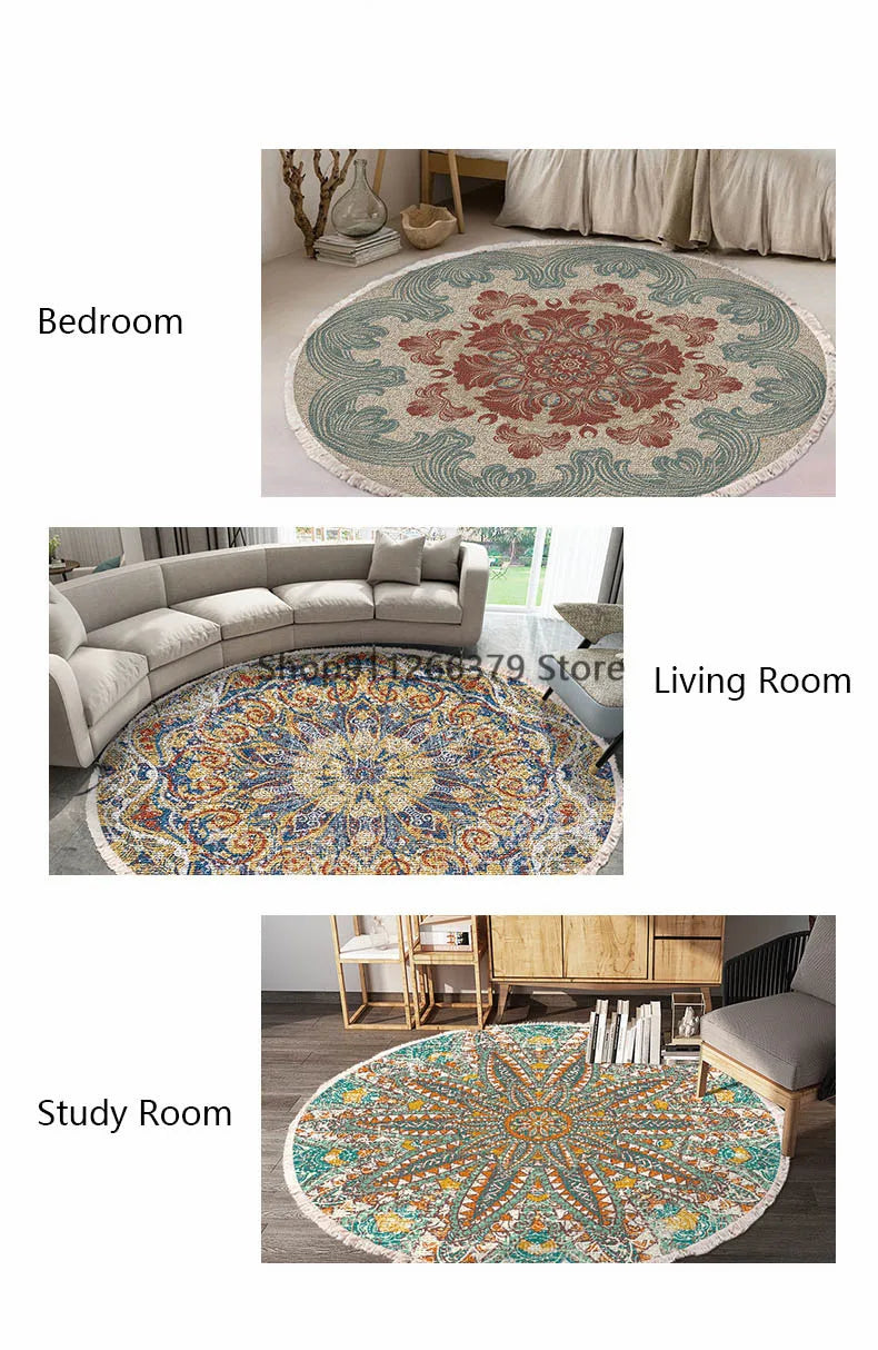 Vintage Round Carpet for Living Room Hand Woven Bedroom Rugs Cotton Linen Tassel Anti Slip Prayer Floor Mat Boho Mandala Carpet