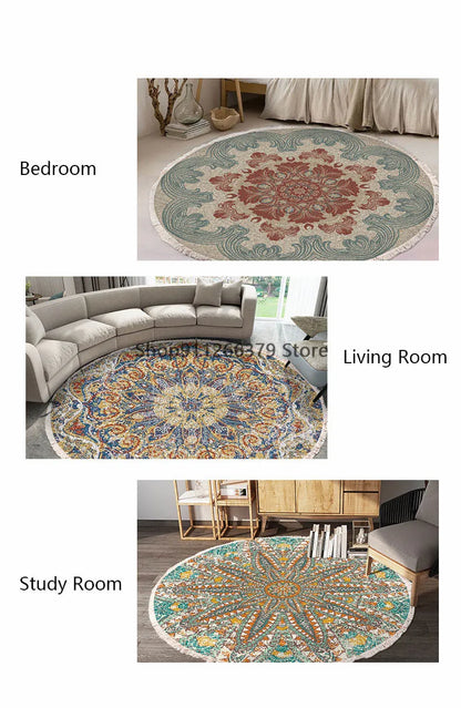 Vintage Round Carpet for Living Room Hand Woven Bedroom Rugs Cotton Linen Tassel Anti Slip Prayer Floor Mat Boho Mandala Carpet