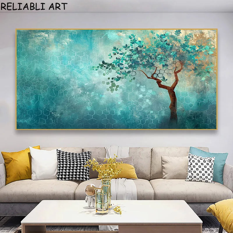 Abstract 3D Bule Flower Tree Poster and Prints Modern Canvas Painting Wall Art Pictures for Living Room Home Decor No Frame