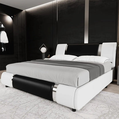Modern Faux Leather Upholstered Platform Bed Frame with Golden Iron Metal Decor, Adjustable Curved Headboard, Queen Size, White