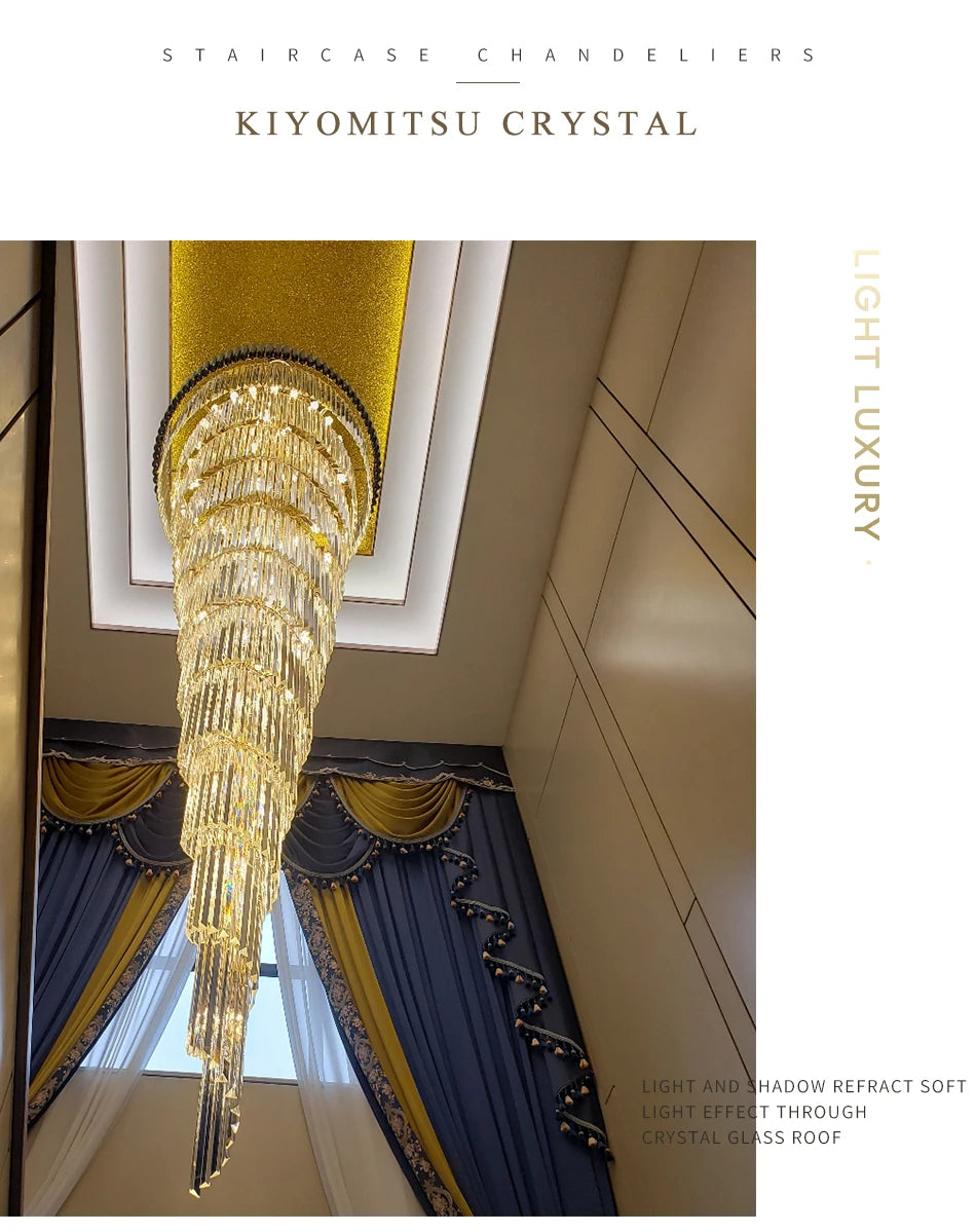 Large Top Long Crystal Led Chandeliers Hotel Hall Living Room Luxury Multi-layer Staircase Lighting Black Stainless Steel Light