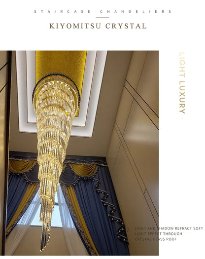 Large Top Long Crystal Led Chandeliers Hotel Hall Living Room Luxury Multi-layer Staircase Lighting Black Stainless Steel Light