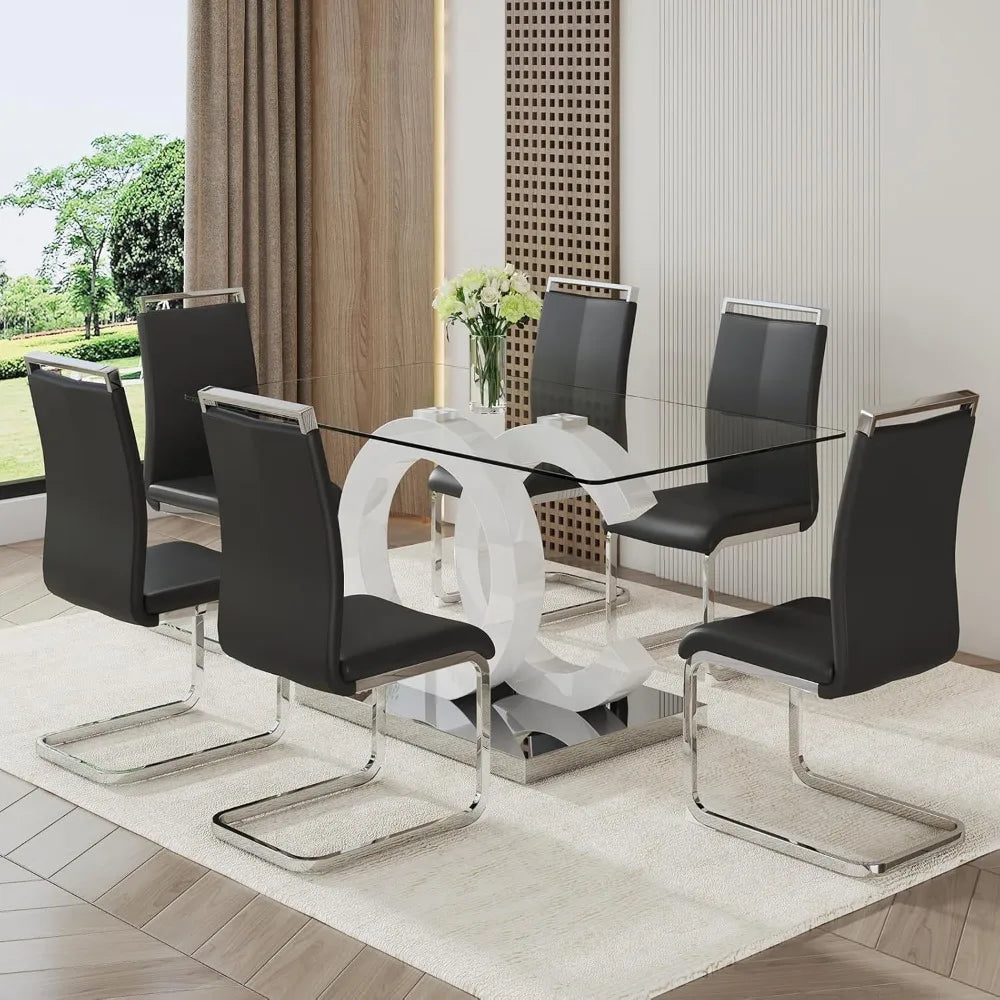 Glass Dining Table Set for 6 ,7 Piece Dining Table Set,Tempered Glass Table Top,PU Leather Ergonomic Dining Chairs Easy Assembly