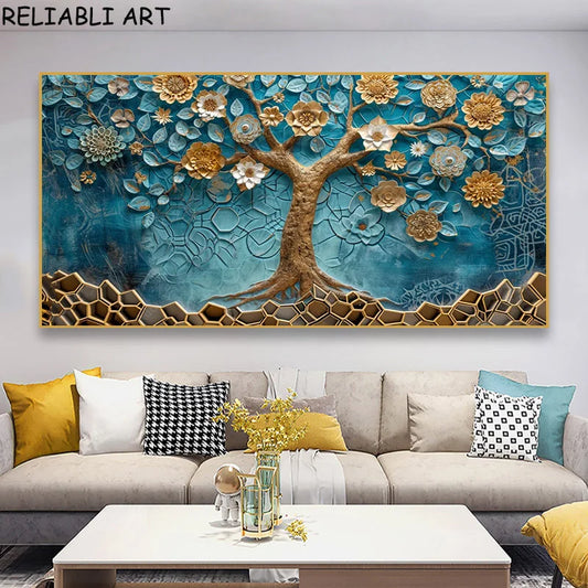 Abstract 3D Bule Flower Tree Poster and Prints Modern Canvas Painting Wall Art Pictures for Living Room Home Decor No Frame