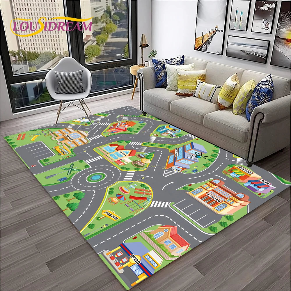 Child Playmat Traffic Highway City Playroom Carpet Rug for Home Living Room Bedroom Doormat Decor, Area Rug Non-slip Floor Mat