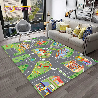 Child Playmat Traffic Highway City Playroom Carpet Rug for Home Living Room Bedroom Doormat Decor, Area Rug Non-slip Floor Mat