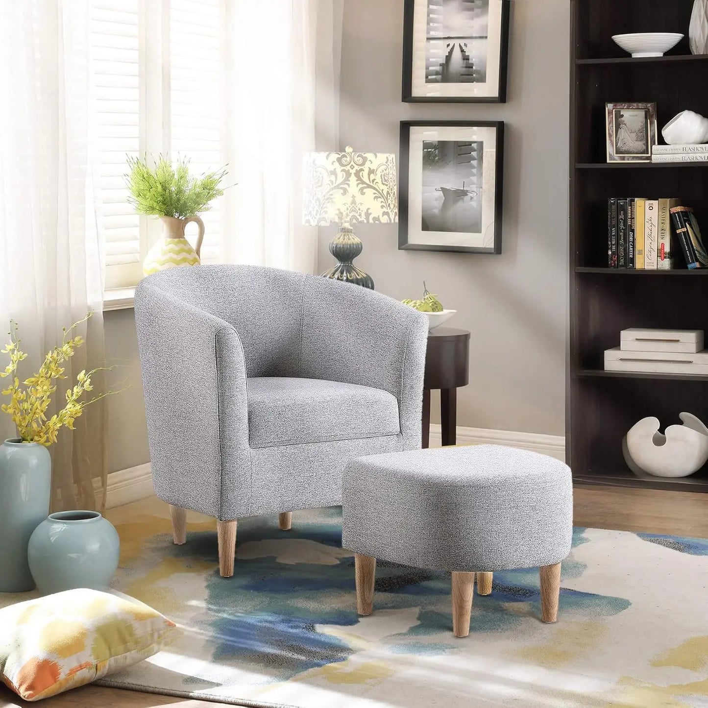 Accent Chair, Sherpa Chair White Fluffy Chair Teddy Barrel Chair with Ottoman Comfy ArmChair Footrest Set