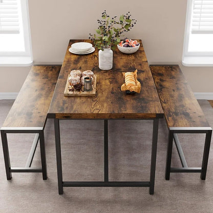 Dining Table Set for 4, Kitchen Table with Benches, Rectangular Dining Room Table Set with 2 Metal Wood Benches, 3 Piece Dining