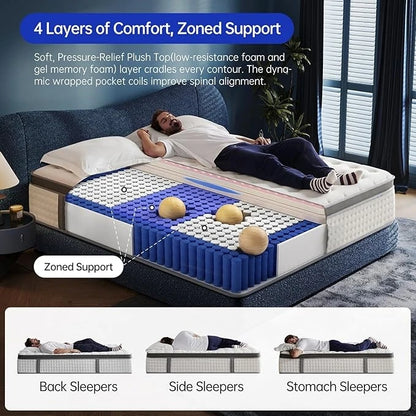 Queen Size Mattress, Queen Mattress in a Box,Superior Hybrid Mattress With Gel Memory Foam or Back & Lumbar Support
