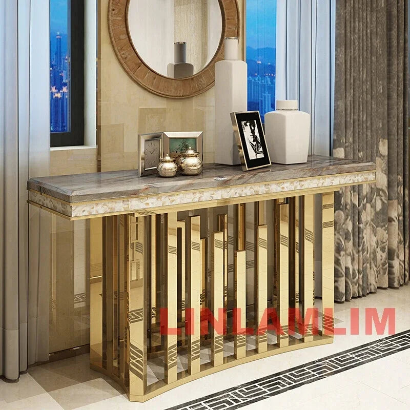 MINGDIBAO Dining Side Table with Sticking Seashells, Natural Marble Stainless Gold End Table, Handmade Coastal Style Furniture