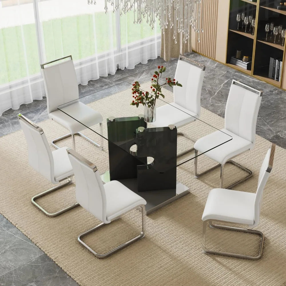 Modern dining table set for 6 people, glass table with 6 faux leather chairs, kitchen display table, suitable for living room