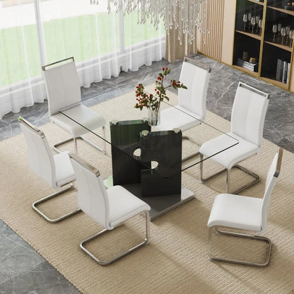Modern dining table set for 6 people, glass table with 6 faux leather chairs, kitchen display table, suitable for living room