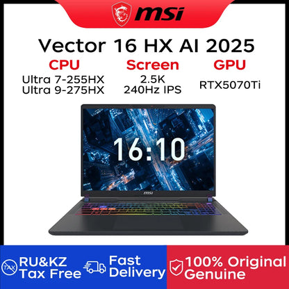 2025 MSI Vector 16 HX AI Gaming Laptop 16 Inch 2.5K 240Hz IPS Screen Netbook Ultra 9-275HX 32GB 1TB RTX5070Ti Netbook Computer