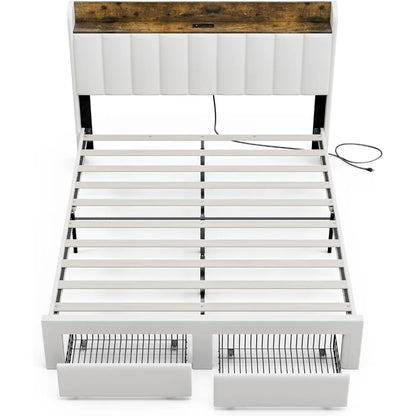 Upholstered Bed Frame Queen Size with Headboard with Storage Drawers & Charging Station,No Box Spring Needed/Heavy Duty