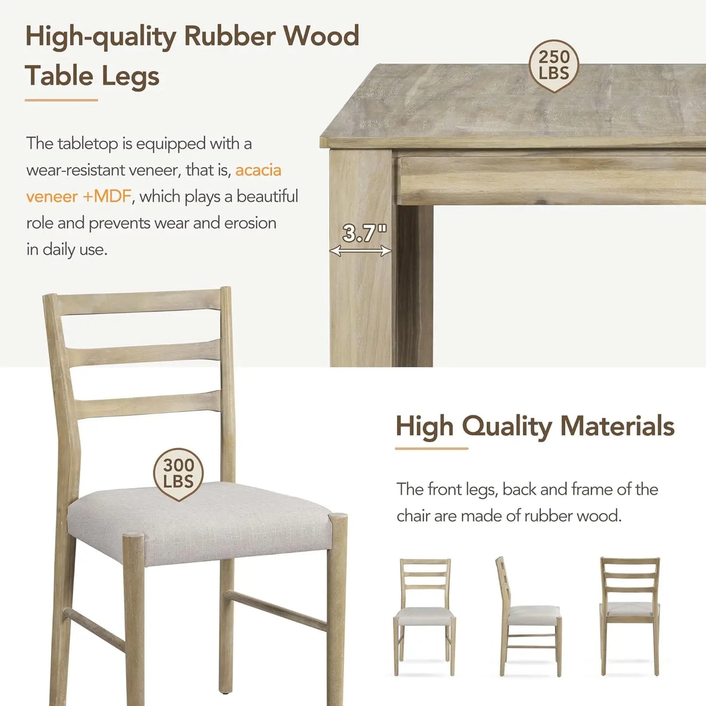 6 Pieces Dining Table Set with Bench, Rectangle Dining Table with 4 Upholstered Chairs & A Bench, Rubber Wood Dining Table Set
