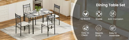 5-piece 4-person Dining Table Set, Imitation Marble Kitchen Table and Chairs 4-piece Set, Metal and Wooden Dining Table Set