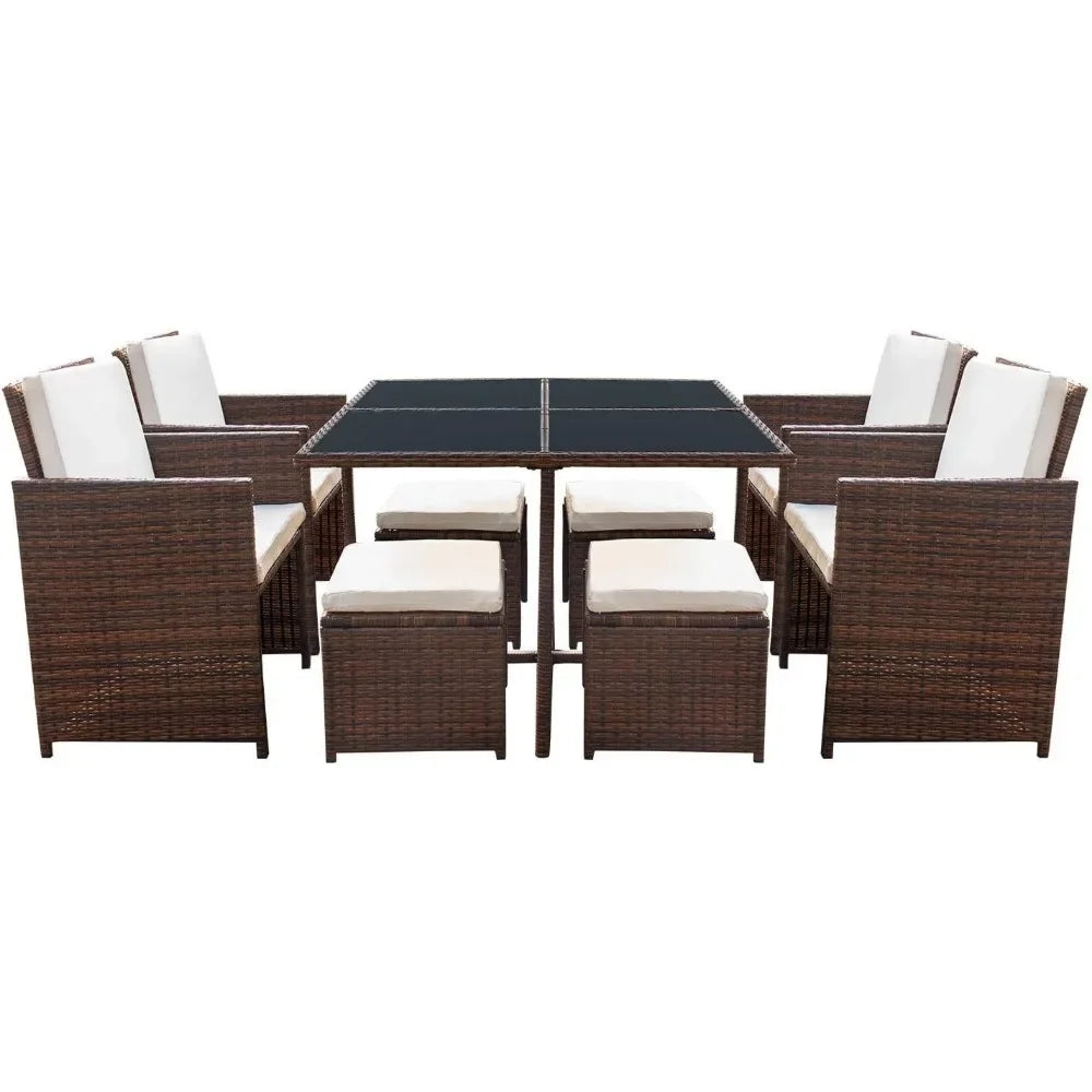 9 Pieces Patio Dining Sets Outdoor Space Saving Rattan Chairs with Glass Table Patio Furniture Sets Cushioned Seating (Beige)