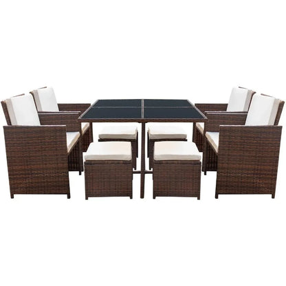 9 Pieces Patio Dining Sets Outdoor Space Saving Rattan Chairs with Glass Table Patio Furniture Sets Cushioned Seating (Beige)