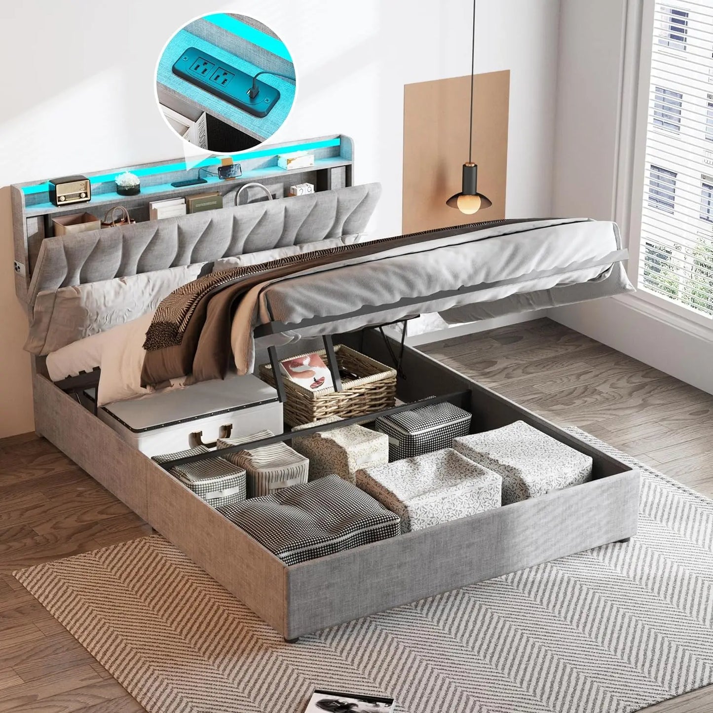 bedstead King Size Lift Up Storage, Height Adjustable Storage Headboard with Charging Station, LED Lights Platform Bed, bedstead