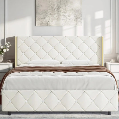 King Size Bed Frame, Velvet Upholstered Platform Bed King Size with Diamond Tufted Headboard and Footboard, Wooden Slats Support