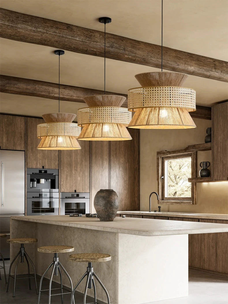 Vintage Wabi Sabi Chandelier Handmade Hemp Rope Pendant Light for Restaurant Bar Cafe Dining Room Led Rattan Lamp