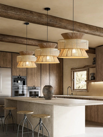 Vintage Wabi Sabi Chandelier Handmade Hemp Rope Pendant Light for Restaurant Bar Cafe Dining Room Led Rattan Lamp