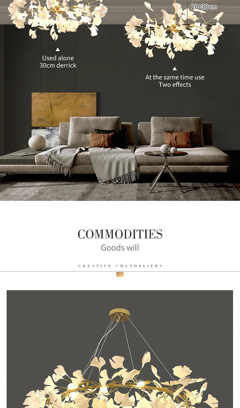 Nordic gingko leaf LED chandelier modern Kitchen living room Bedroom Dining room round interior loft ceiling hanging light