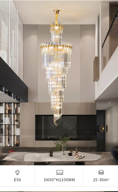 Post-Modern Duplex Villa Hall Crystal Chandelier Simple Light Luxury Jump Floor Floor Rotating Hollow Long Strip Crystal Chandel