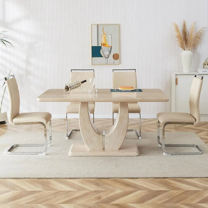 Modern wooden dining table set for 6 people with imitation marble top & 6 PU leather upholstered chairs，Wood grain beige