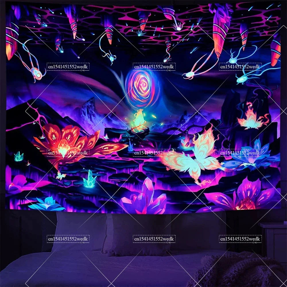 Blacklight Mushroom Tapestry UV Reactive Hippie Skull Tapestries Wall Hanging Eyes Forest Tapestry Glow In The Dark Posters