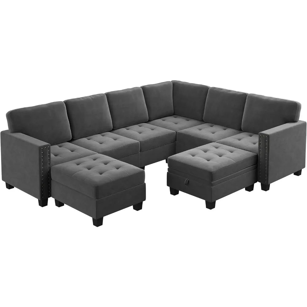 Velvet Modular Sectional Sofa, L Shaped Sofa Couch with Storage Top Tray Ottoman U Shape Sectional Couch for Living Room
