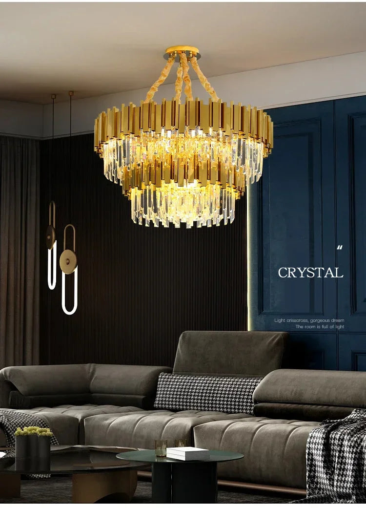 Light luxury golden luxury chandelier interior lighting hotel living room ceiling Led glossy lighting fixture crystal chandelier