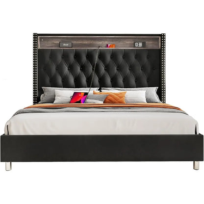 King Bed Frame with Headboard LED Lights and Charging Station, Velvet Tall Upholstered Platform Bed Storage No Box Spring Needed
