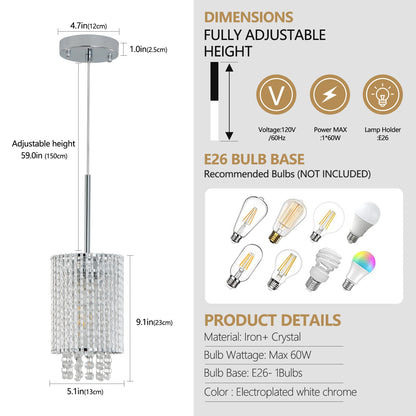 Modern Crystal Pendant Light 3-Pack Adjustable Chrome Hanging Ceiling Fixture with Clear Beads, Elegant Design (No Bulbs)