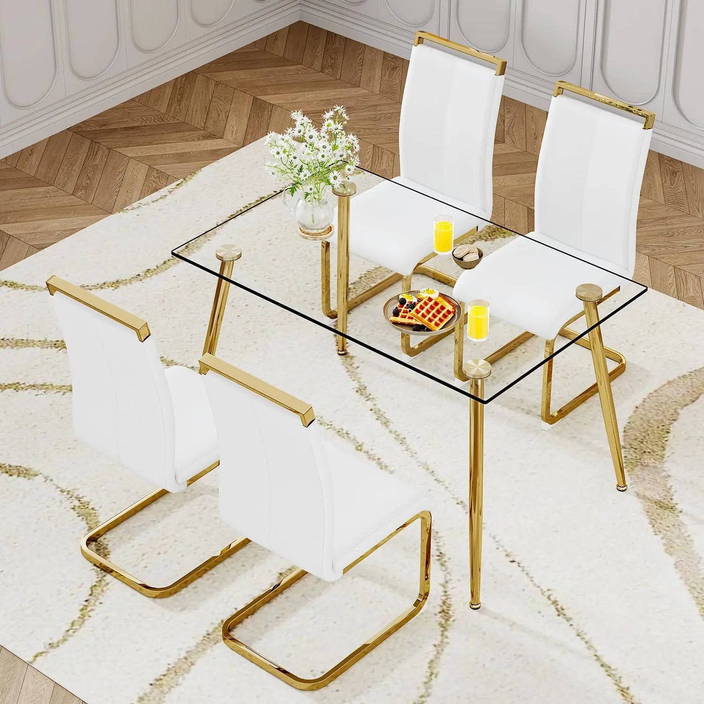 Glass Dining Table Set for 4,5 Piece Dining Table and Chairs Set，Modern Kitchen Dining Room Table with 4 Black PU Leather
