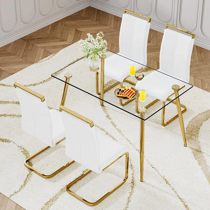 Glass Dining Table Set for 4,5 Piece Dining Table and Chairs Set，Modern Kitchen Dining Room Table with 4 Black PU Leather