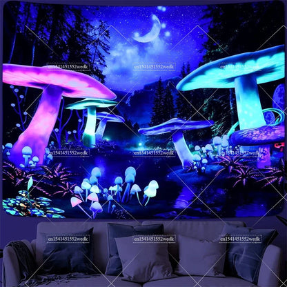 Blacklight Mushroom Tapestry UV Reactive Hippie Skull Tapestries Wall Hanging Eyes Forest Tapestry Glow In The Dark Posters