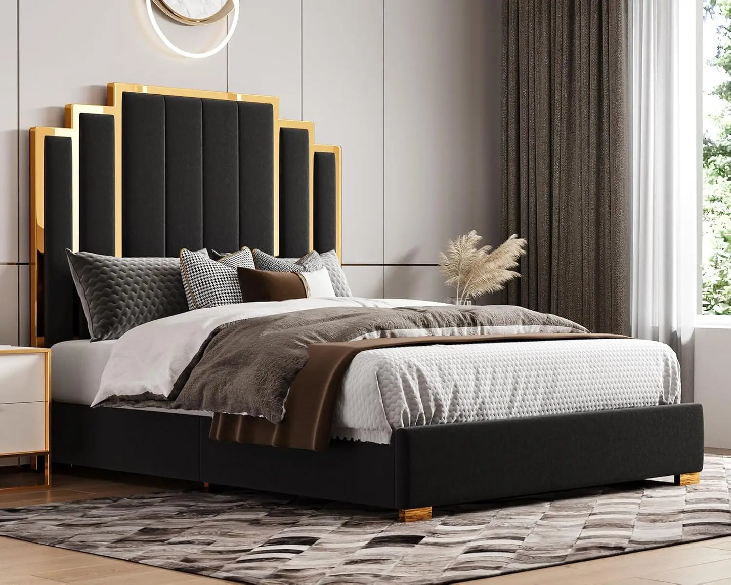 bedstead King Size and 65" Headboard, Upholstered Bed with Golden Plating Trim, Platform Bed No Box Spring Needed,bedstead