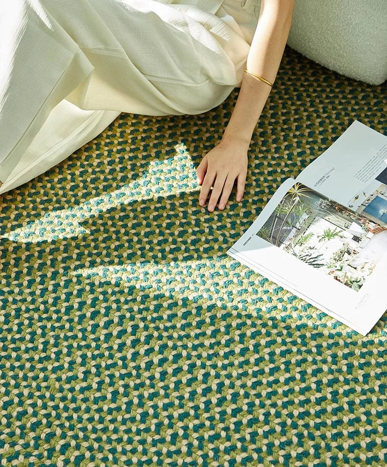 Green Hand Woven Cotton Carpet Living Room Light Luxury Modern Villa Area Rug Decor Home Study Non-slip Mat Bedroom Rug Large