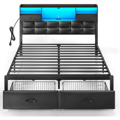 Bed Frame Full Size with Drawers and Charging Station, Upholstered Platform Bed with Storage Headboard and LED Light, Heavy Duty