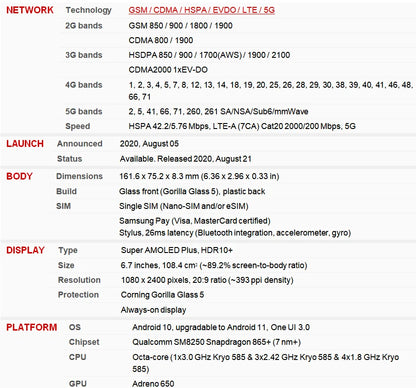 C Samsung Galaxy Note20 Note 20 5G N981U 6.7" AMOLED 128GB ROM 8GB RAM NFC Snapdragon Octa Core  Original Cell Phone