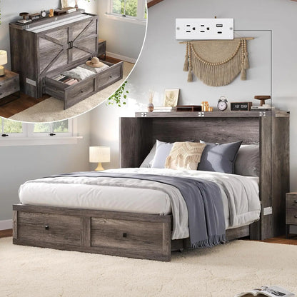 Full Size Murphy Bed, Cabinet Bed with Charging Station Large Storage Drawer for Home Office or Small Room, Hideaway Bed Full Fo