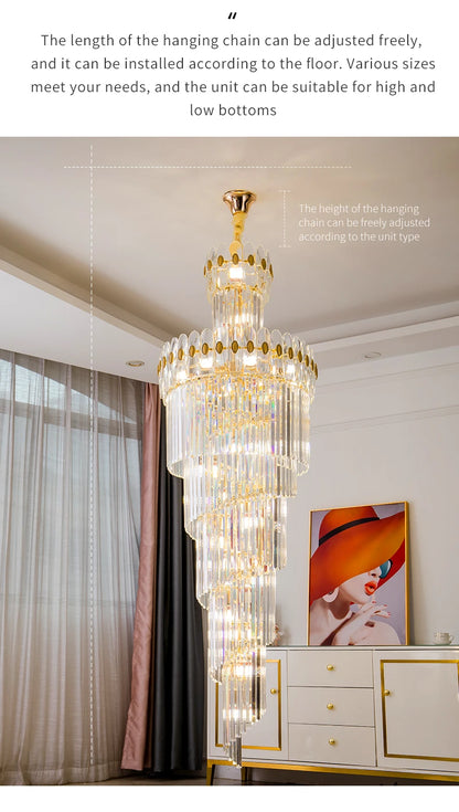 Post-Modern Duplex Villa Hall Crystal Chandelier Simple Light Luxury Jump Floor Floor Rotating Hollow Long Strip Crystal Chandel