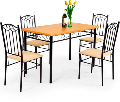 5-piece 4-person Dining Table Set, Imitation Marble Kitchen Table and Chairs 4-piece Set, Metal and Wooden Dining Table Set