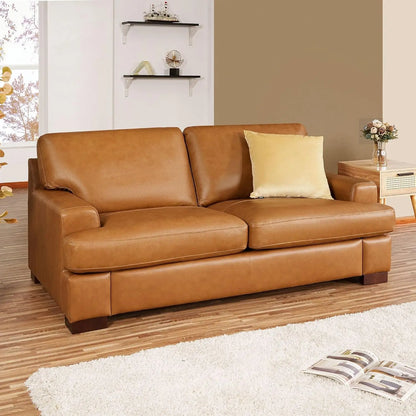 Genuine Leather Sofa - Set of 3 Luxurious Comfort, Goose Feather Cushion Filling, Square Arm Design, Sturdy Block Legs