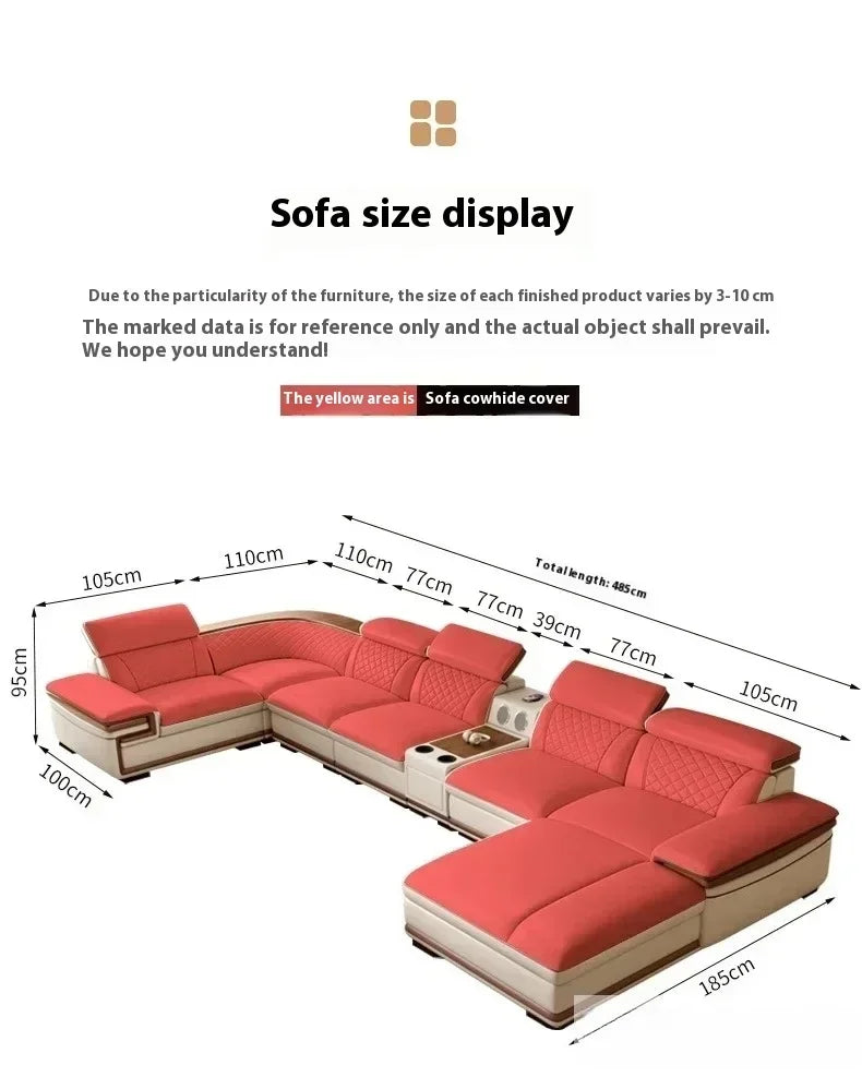 MINGDIBAO Premium Italian Genuine Leather Sofa Set for Living Room with Adjustable Headrests, Bluetooth Speaker, Wireless Charge